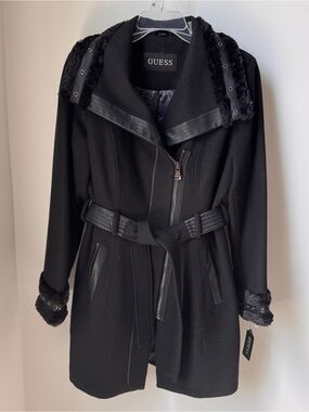 GUESS Black Belted Trench Coat with Faux Fur Trim and Leather-Look Accents